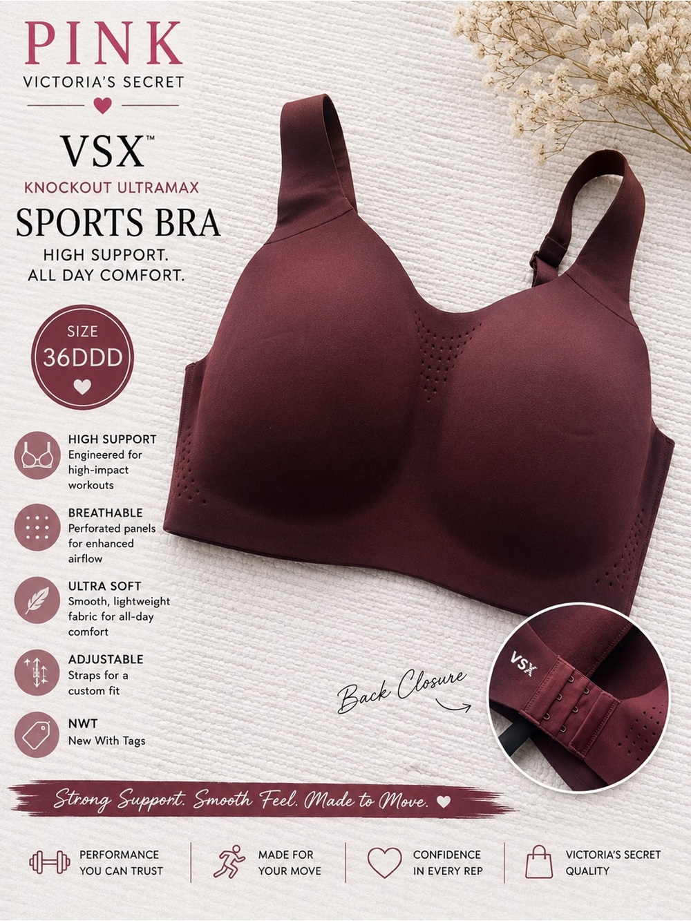 PINK Victoria’s Secret VSX Knockout UltraMax Sports Bra 36DDD NWT